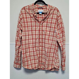 Men's Columbia Orange White Plaid Long Sleeve Casual Button Down Shirt XL